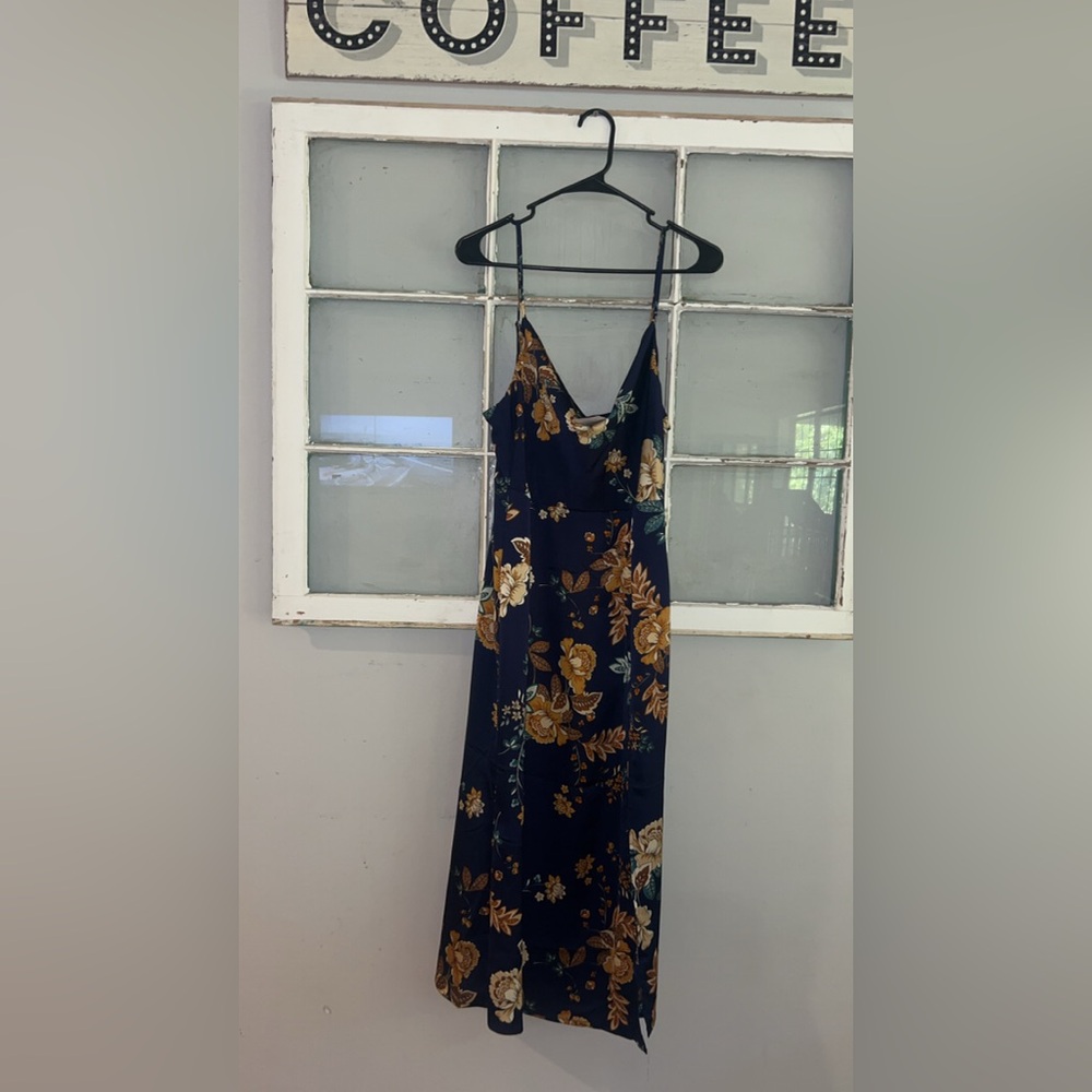 Blue and Gold Floral Sleeveless Spaghetti Strap Midi Sundress size Large NWT